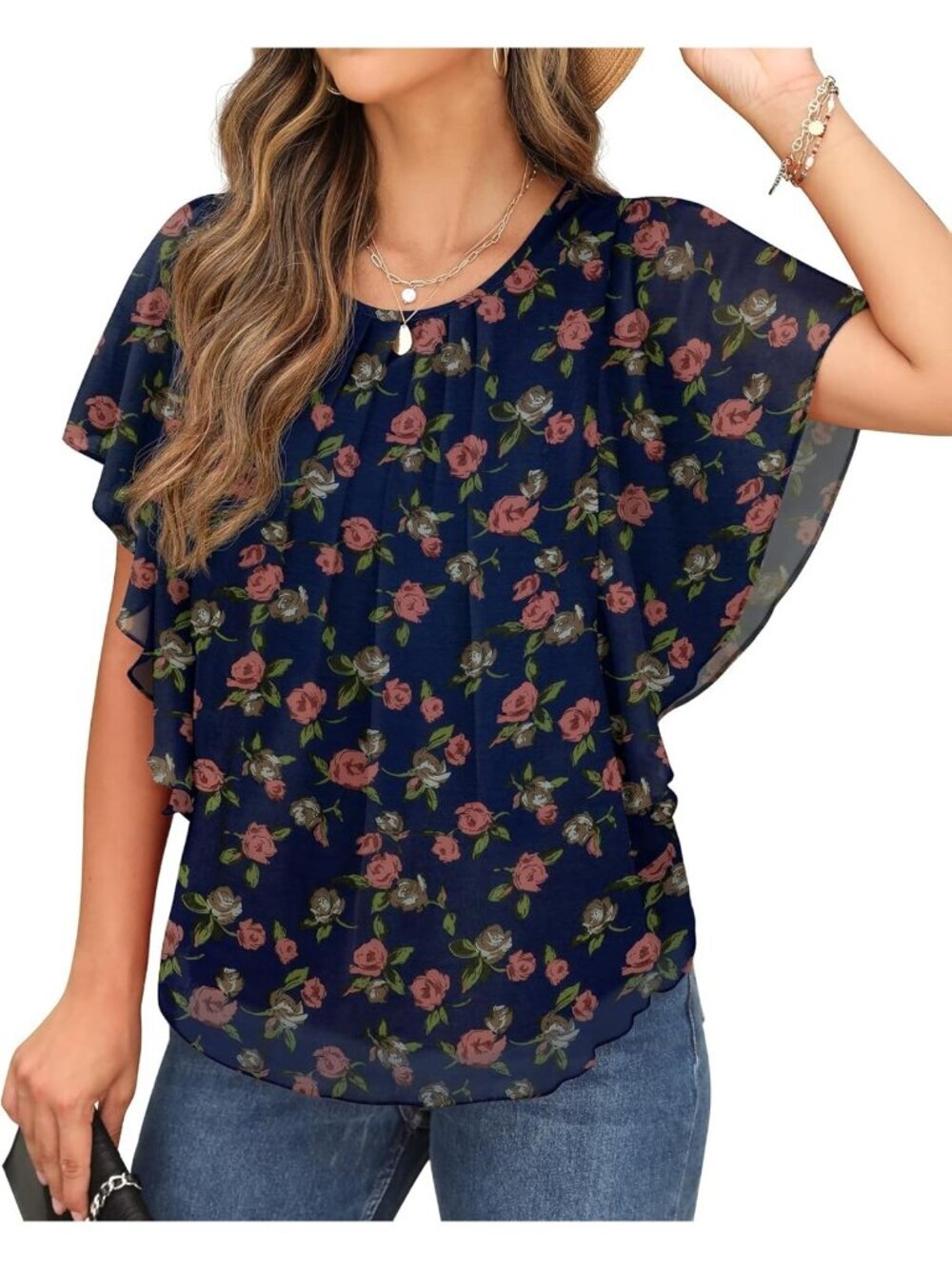 Women's Summer Casual Blouses Navy Blue Loose Round Neck Chiffon Flowy Tops